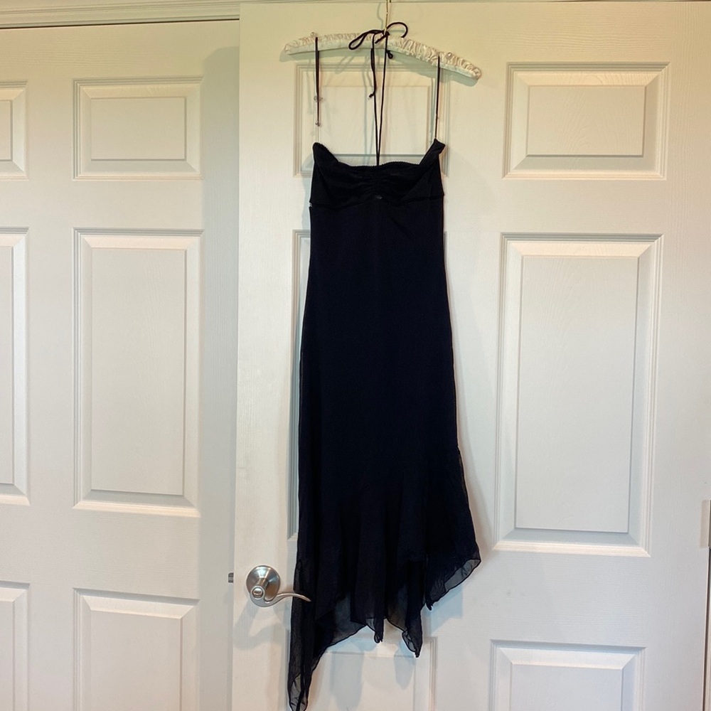 Vintage Guess Jeans sheer black halter dress with asymmetrical hem.